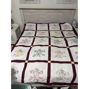 Vintage Purple Pink Yellow Floral Pattern  Embroidered Homemade Quilt 100"x 78"